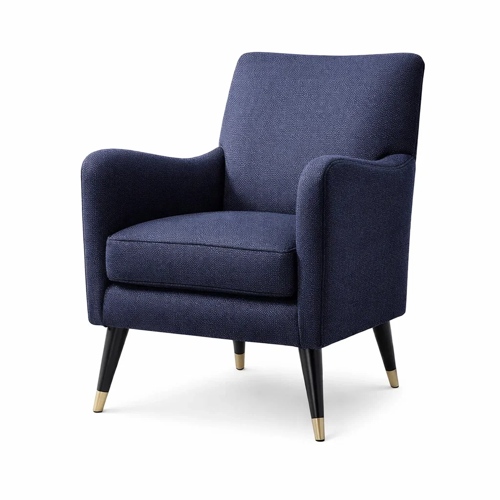 Poltrona in Tessuto Blu con Gambe in Legno e Inserti Metallici-TRENDYSANCTUARYLIVING