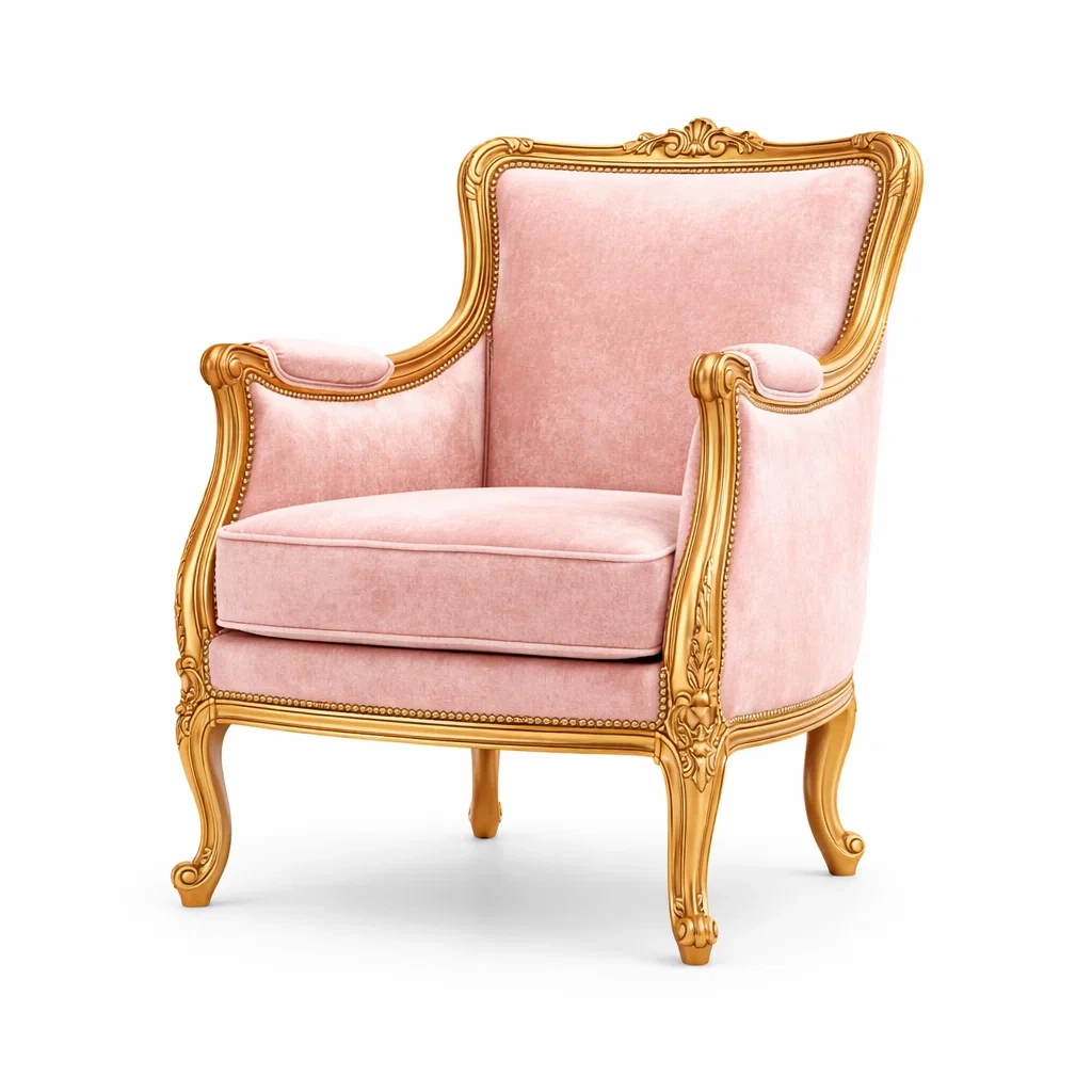 Poltrona in Velluto di Cotone Rosa con Struttura in Legno Intagliato-TRENDYSANCTUARYLIVING