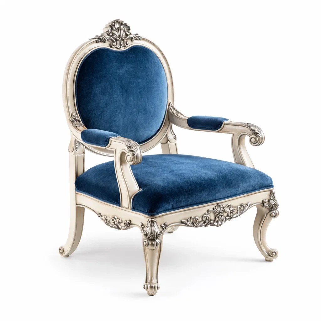 Poltrona in Velluto Blu con Struttura in Legno Intagliato-TRENDYSANCTUARYLIVING