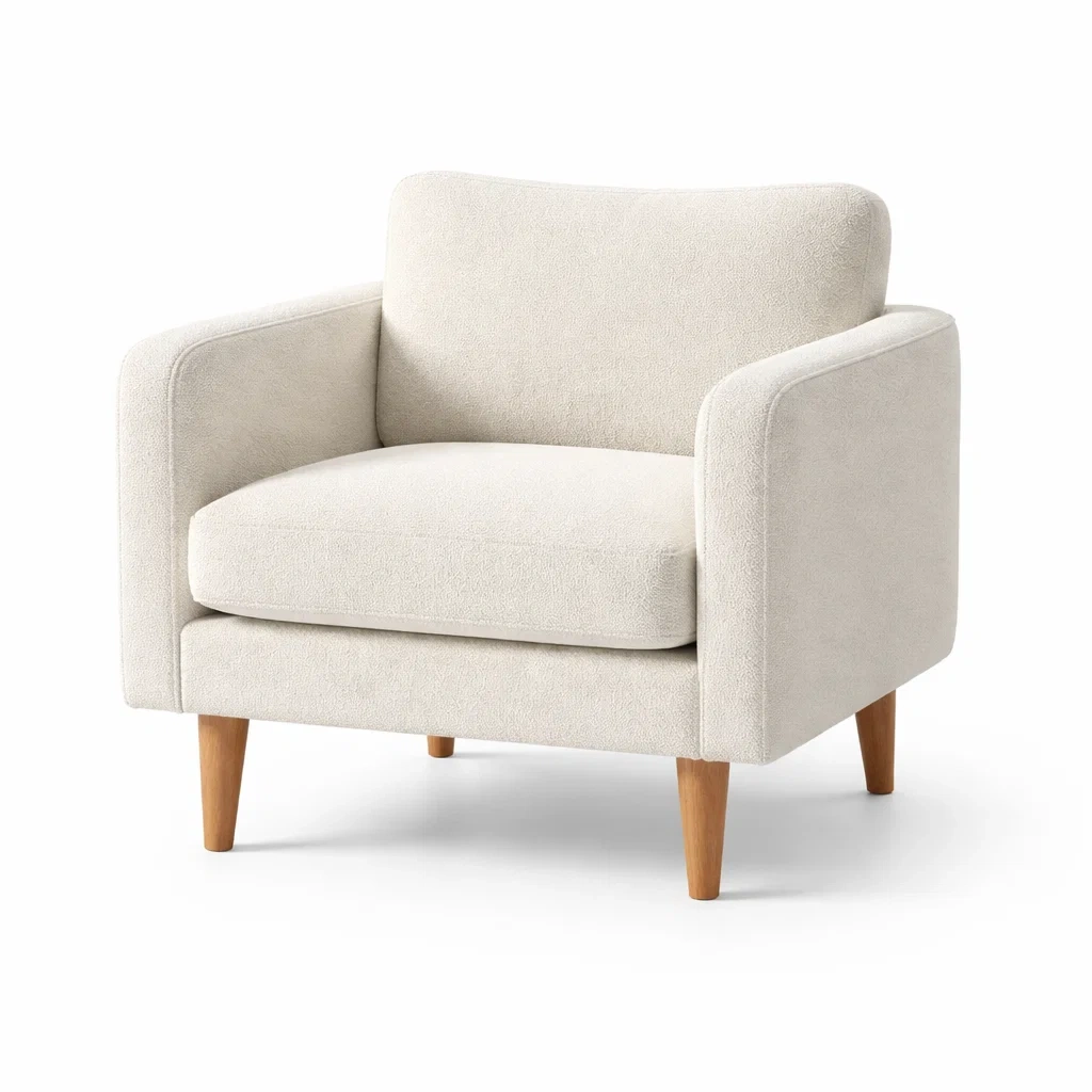 Poltrona in Tessuto Poliestere Beige con Gambe in Legno di Quercia-TRENDYSANCTUARYLIVING
