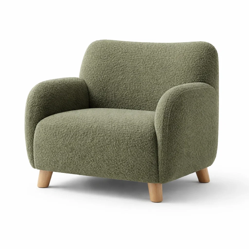 Poltrona in Tessuto Bouclé Verde con Gambe in Legno-TRENDYSANCTUARYLIVING