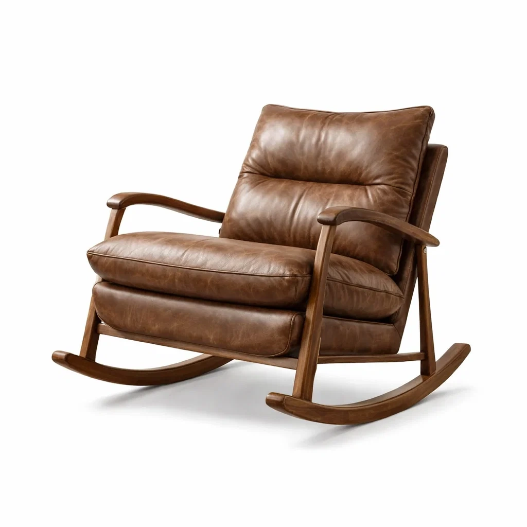 Sedia a dondolo in Pelle Marrone con Struttura in Legno-TRENDYSANCTUARYLIVING