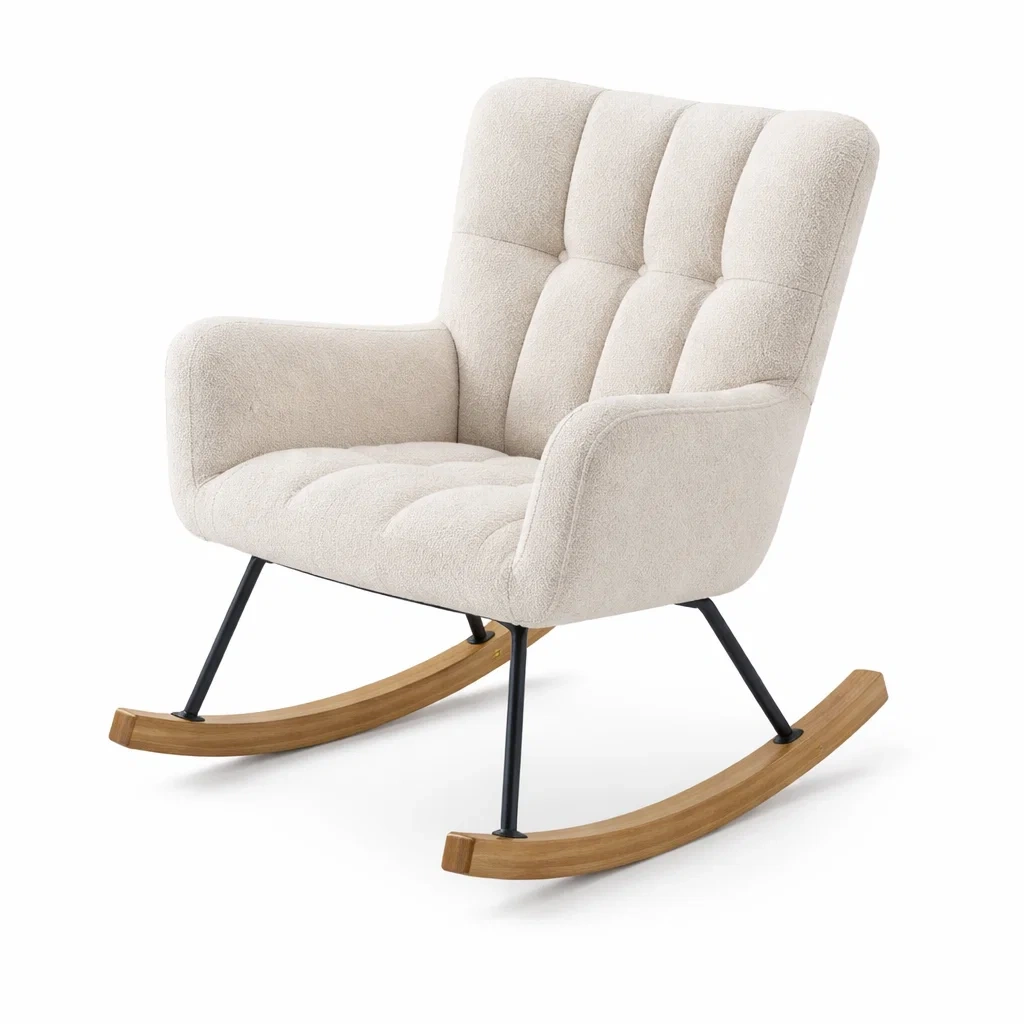 Sedia a dondolo in Tessuto Beige con Base in Legno e Metallo-TRENDYSANCTUARYLIVING