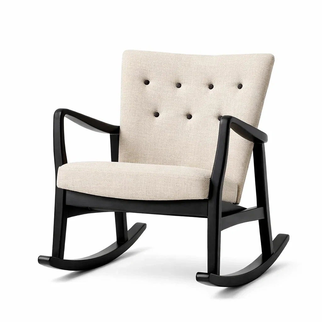 Sedia a dondolo in Legno e Tessuto Beige Nero-TRENDYSANCTUARYLIVING