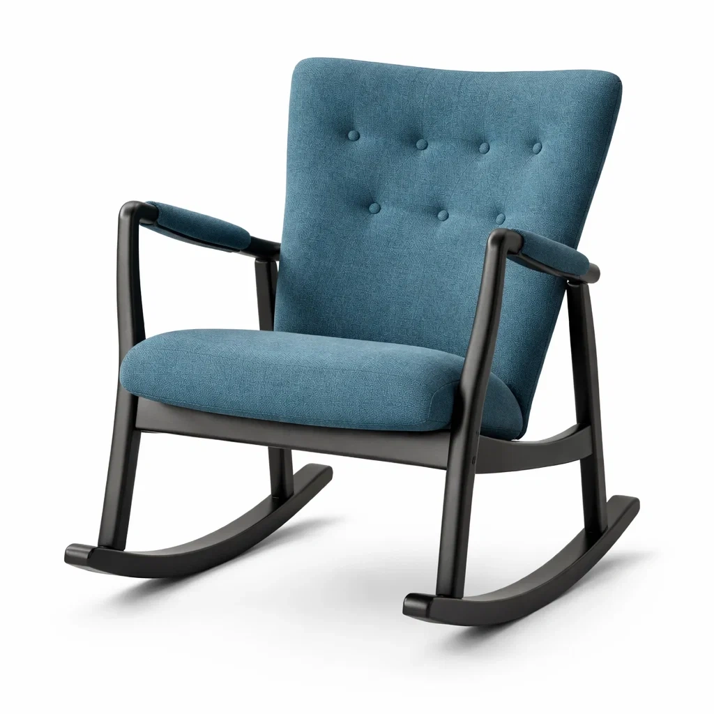 Sedia a dondolo in Legno con Tessuto Blu-TRENDYSANCTUARYLIVING