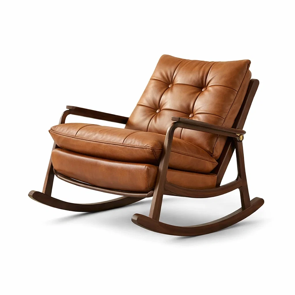 Sedia a dondolo in Pelle e Legno Marrone-TRENDYSANCTUARYLIVING