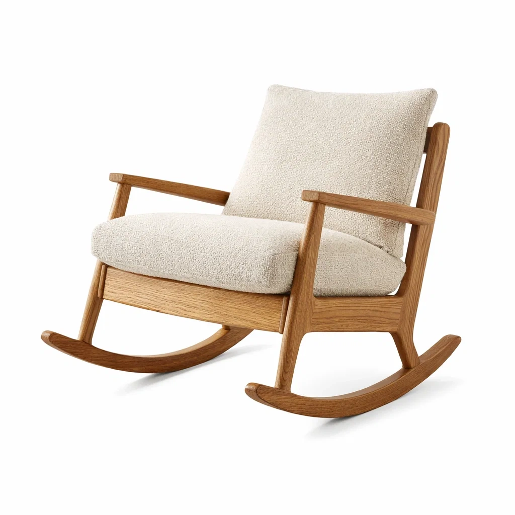 Sedia a dondolo in Legno di Quercia e Tessuto Bouclé-TRENDYSANCTUARYLIVING