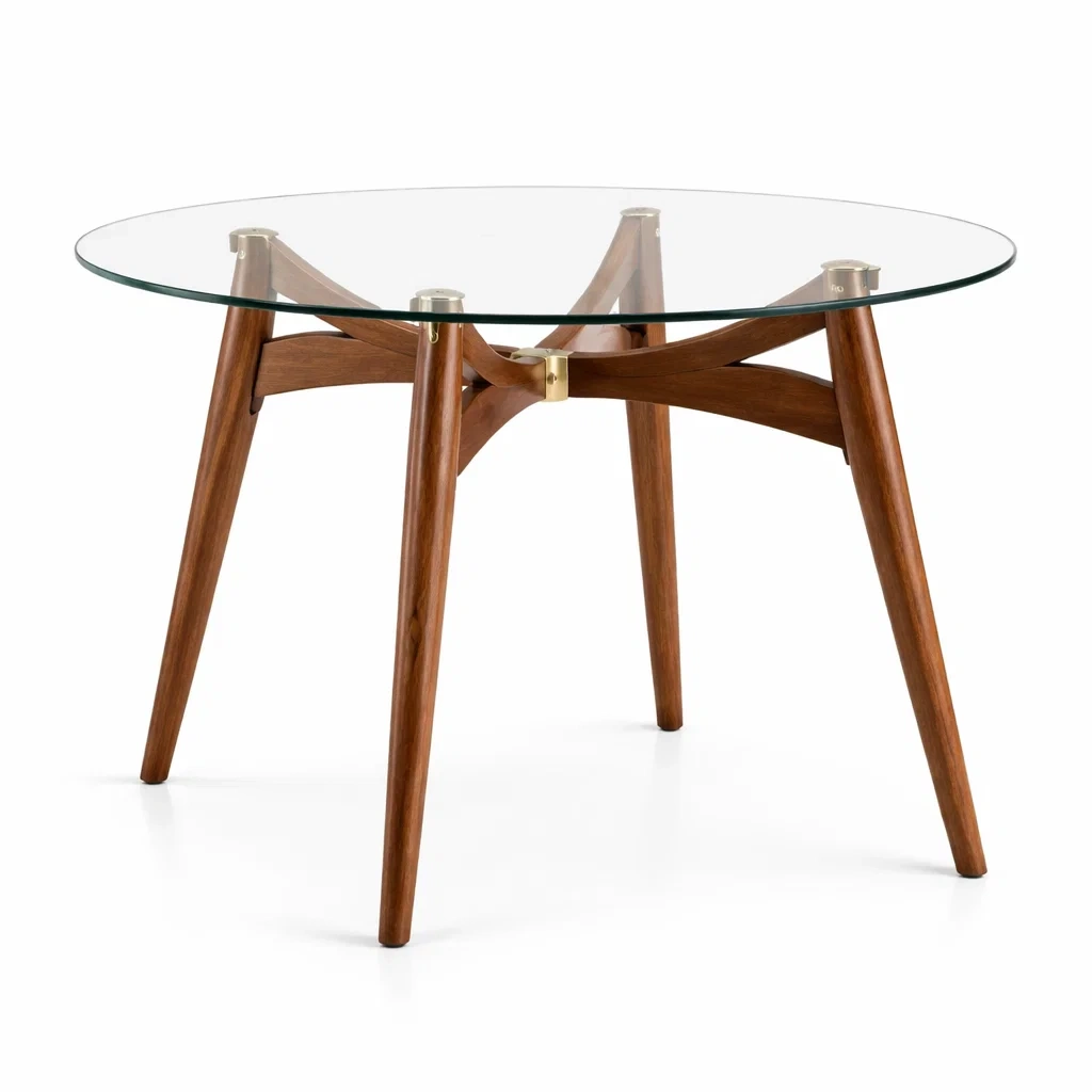 Tavolo Rotondo in Vetro Temperato con Gambe in Legno di Noce-TRENDYSANCTUARYLIVING