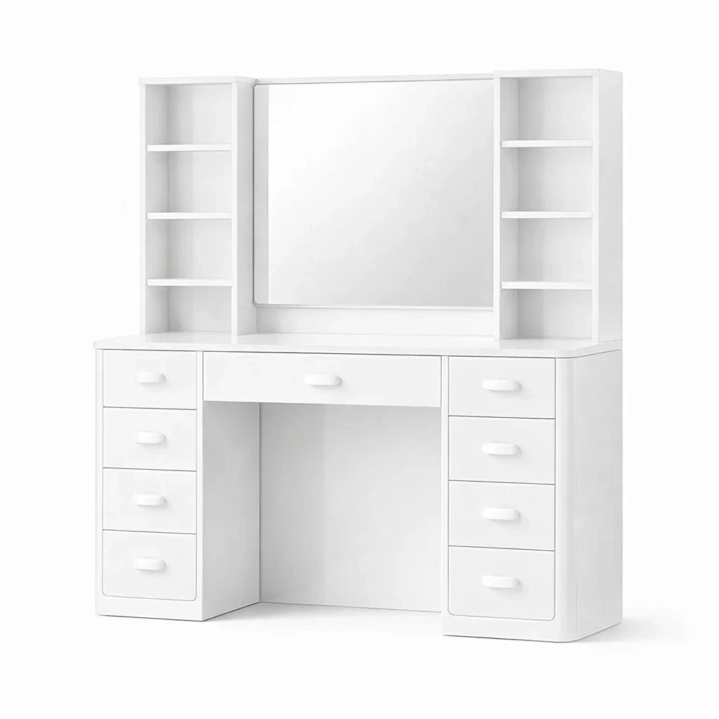 Toeletta in MDF Bianco con Specchio e Scaffali-TRENDYSANCTUARYLIVING
