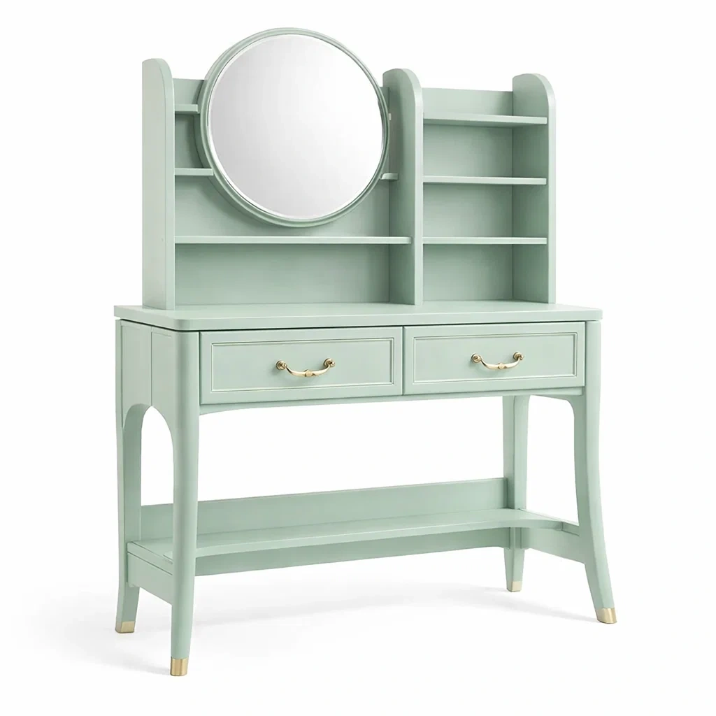 Toeletta in Legno Verde con Specchio Rotondo-TRENDYSANCTUARYLIVING