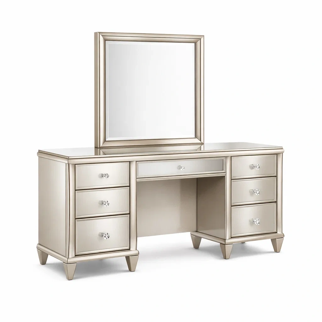 Toeletta in Legno e Vetro con Specchio e Cassetti Argento-TRENDYSANCTUARYLIVING