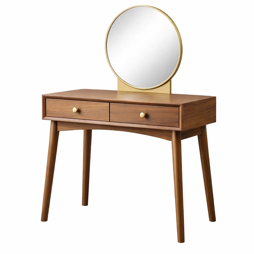 Toeletta in Legno Noce con Specchio Rotondo e Cornice in Metallo-TRENDYSANCTUARYLIVING