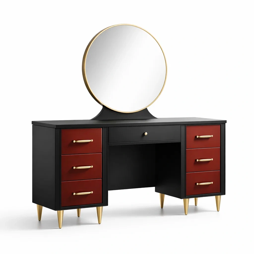 Toeletta con Specchio Rotondo e Dettagli in Metallo Dorato-TRENDYSANCTUARYLIVING