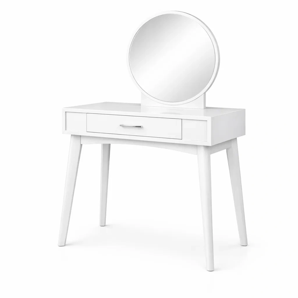 Toeletta in Legno con Specchio Rotondo e Cassetto-TRENDYSANCTUARYLIVING