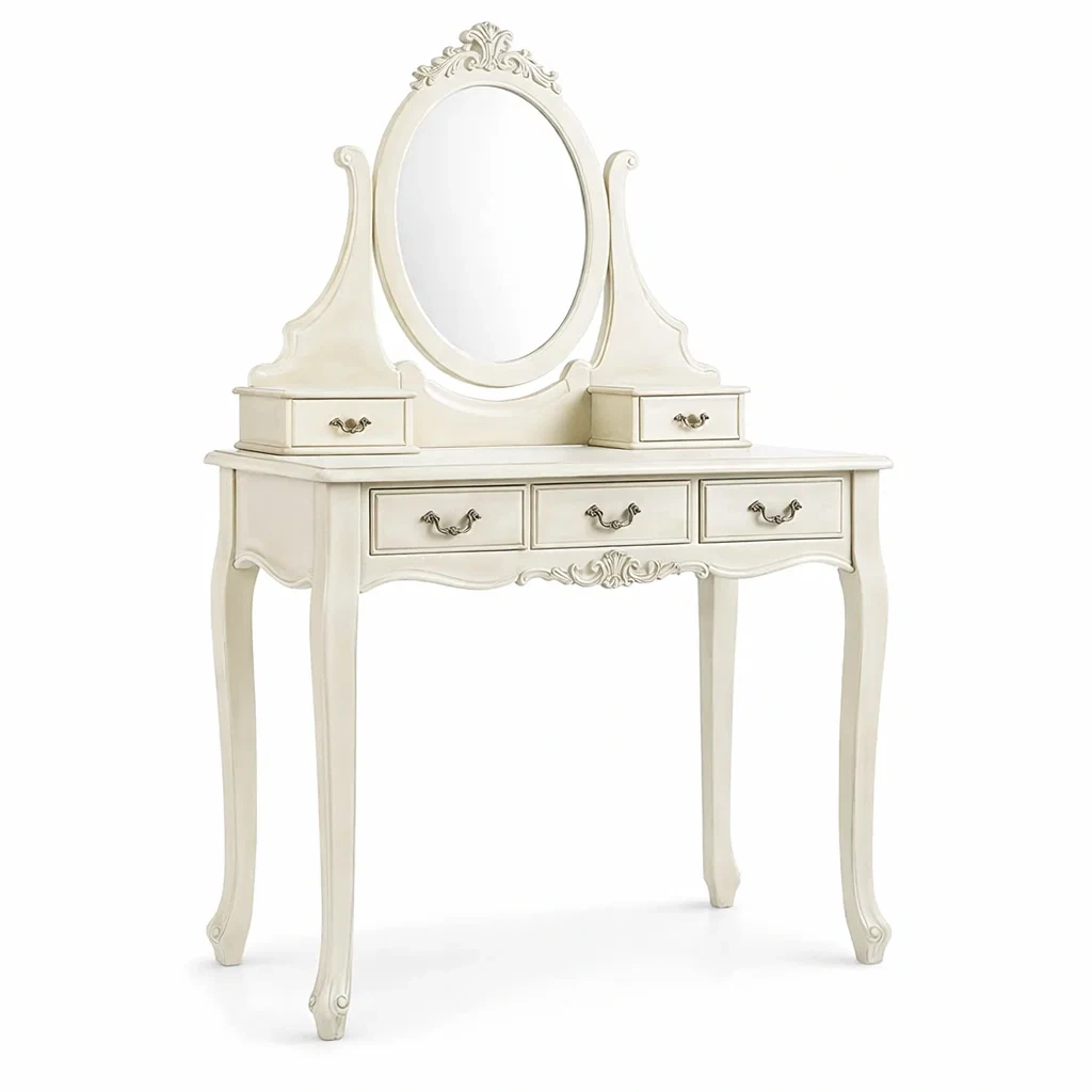 Toeletta in Legno con Specchio Ovale e Cassetti Crema-TRENDYSANCTUARYLIVING