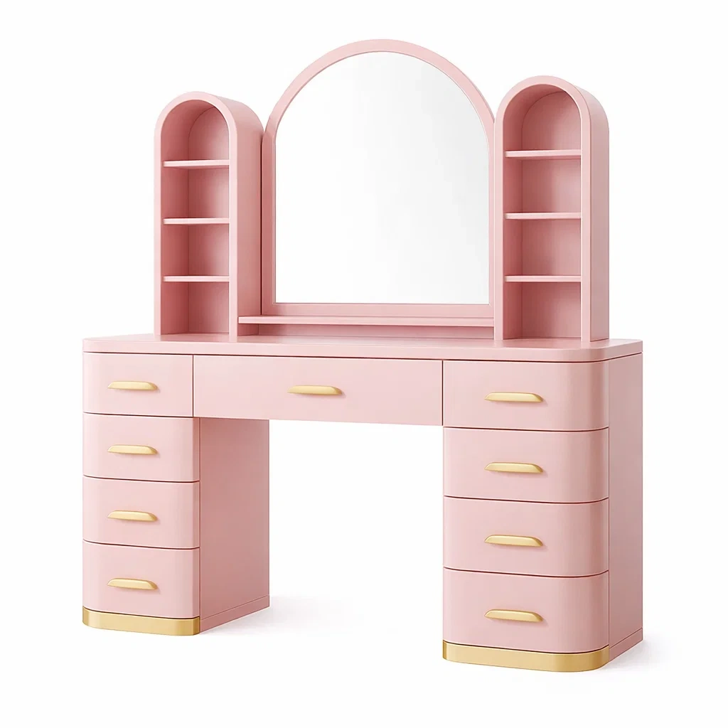 Toeletta in Legno con Specchio e Cassetti Rosa-TRENDYSANCTUARYLIVING