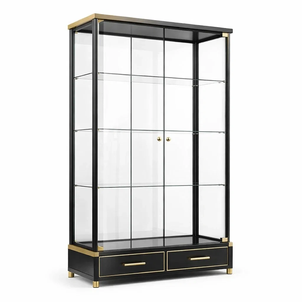 Vetrina in Metallo e Vetro Temperato Nero Oro con Ripiani e Cassetti-TRENDYSANCTUARYLIVING