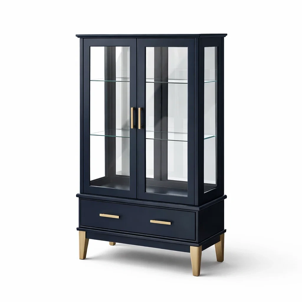 Vetrina in Legno con Ante in Vetro Temperato Blu Scuro e Dettagli Oro-TRENDYSANCTUARYLIVING