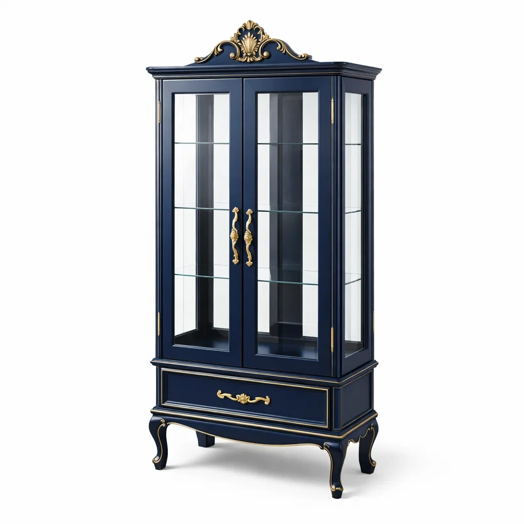 Vetrina in Legno e Vetro Temperato Blu con Decorazioni Dorate-TRENDYSANCTUARYLIVING