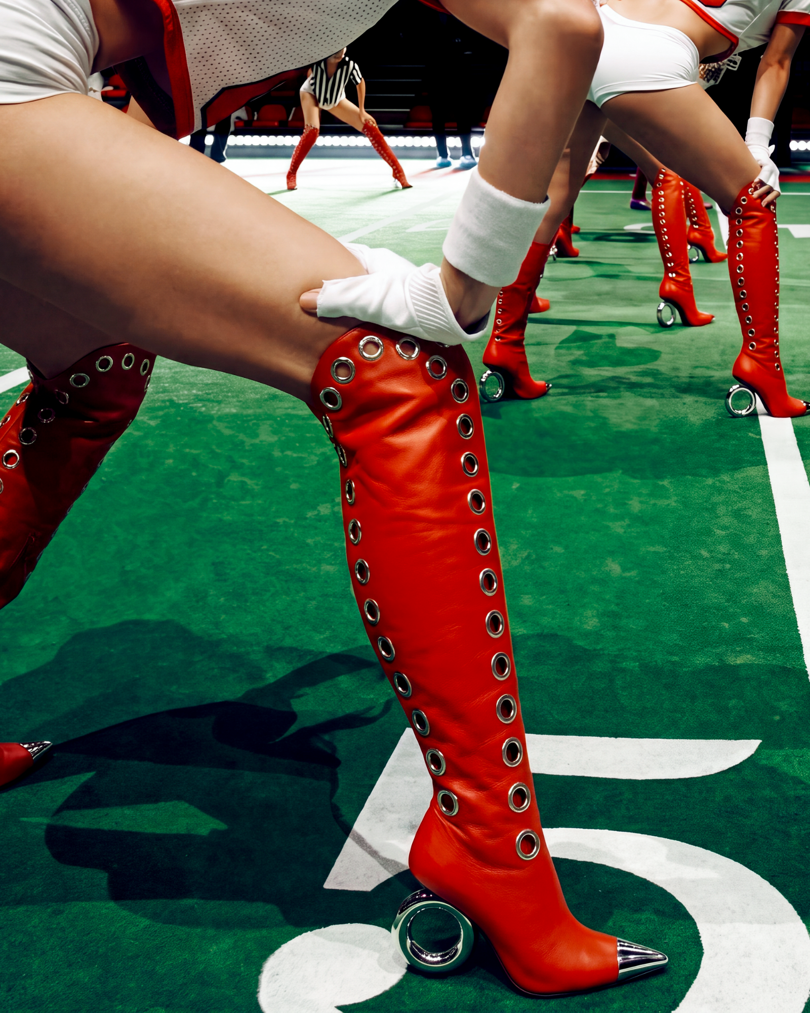 Julie Eyelet Knee High Boots In Red