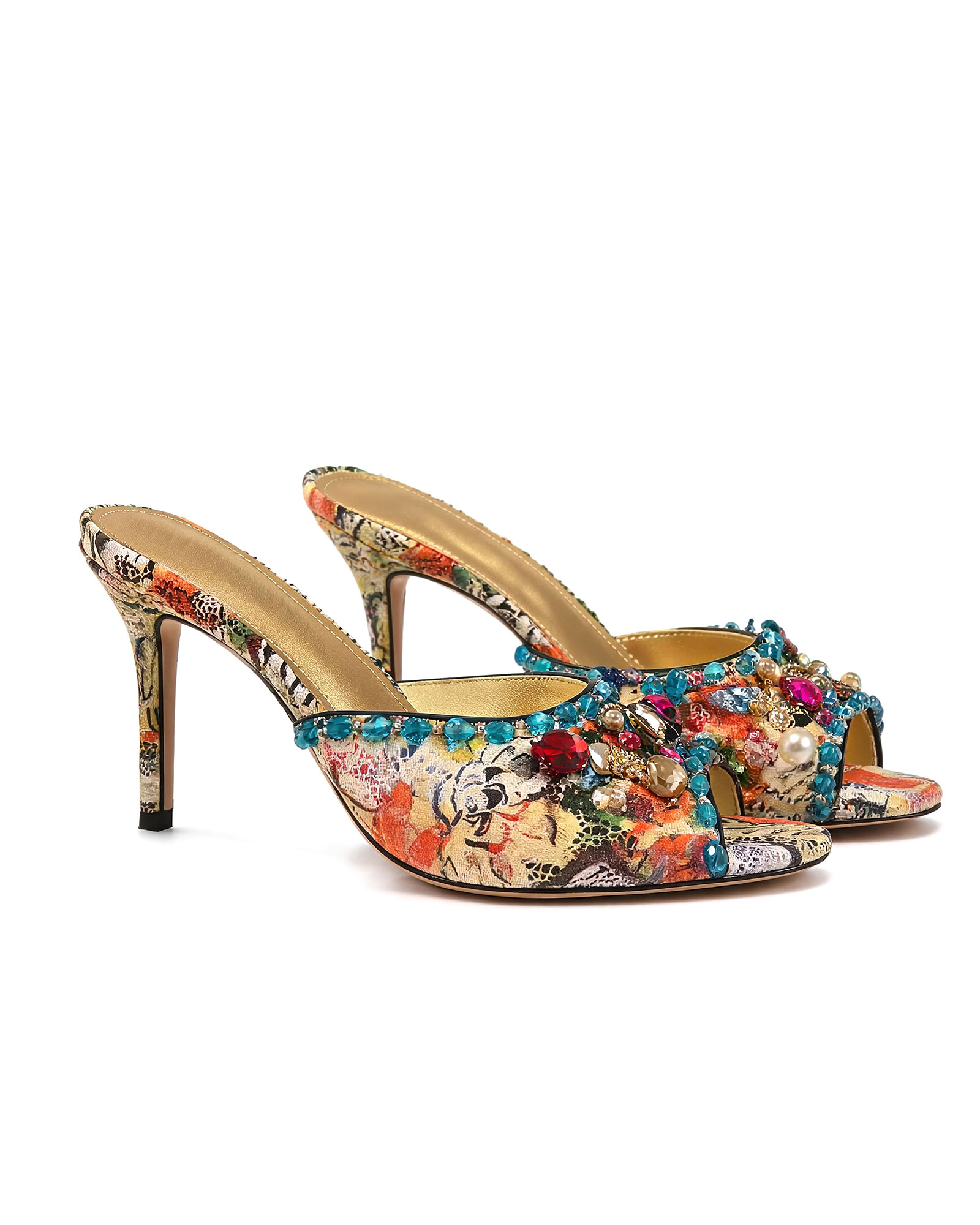 Nadiia Rhinestone Print Mules In Multicolor