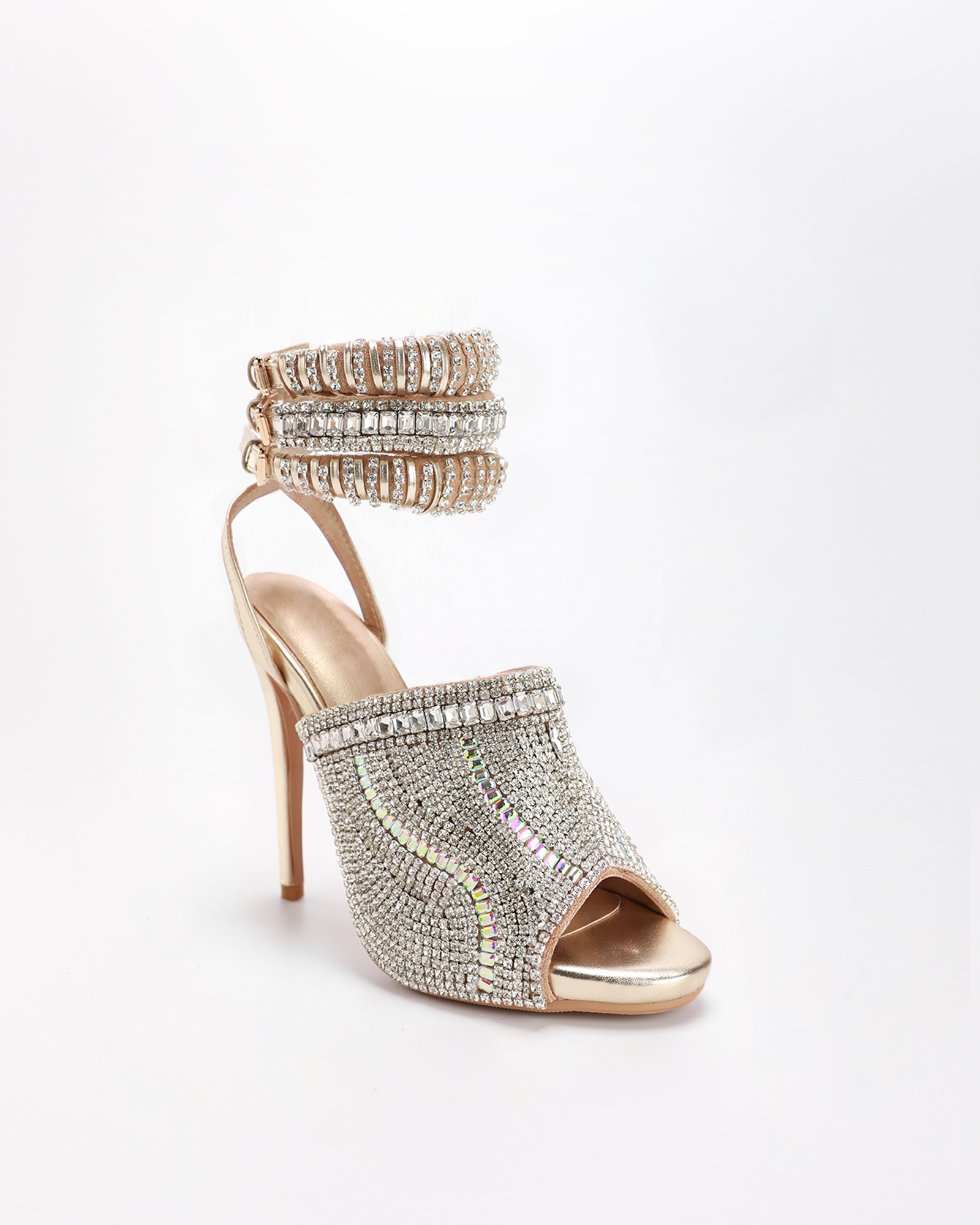 Edith Rhinestone Peep Toe Sandals In Gold