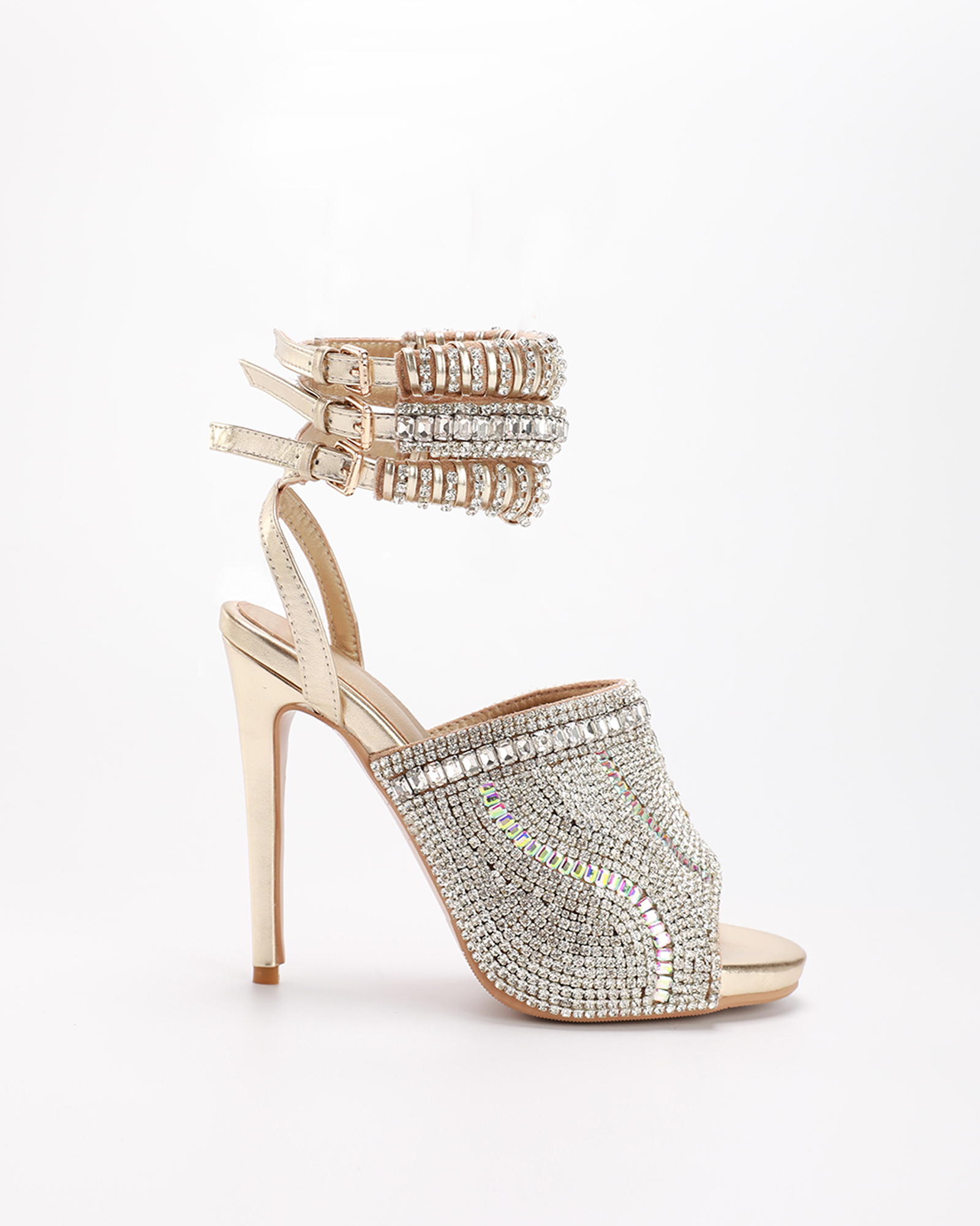 Edith Rhinestone Peep Toe Sandals In Gold