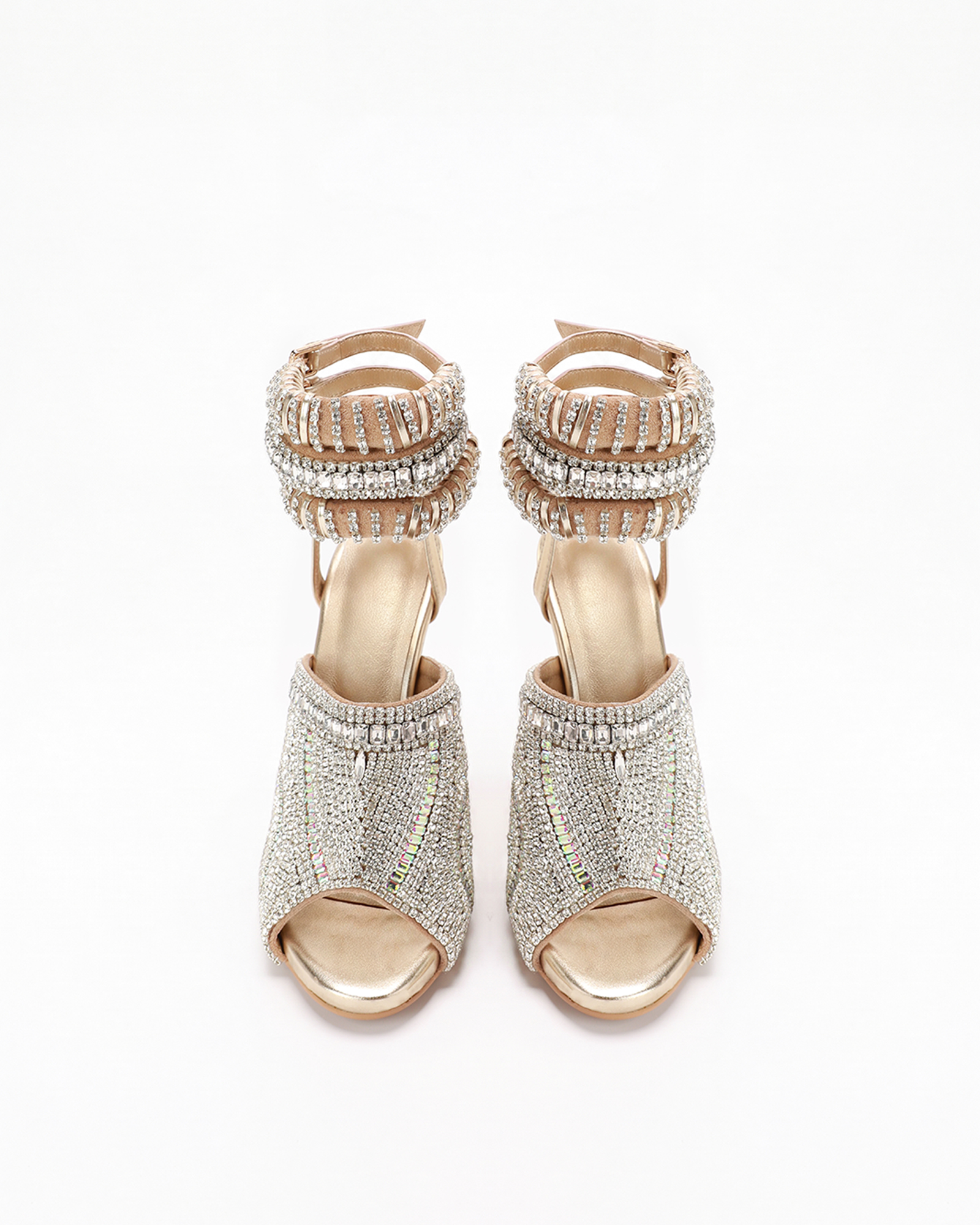 Edith Rhinestone Peep Toe Sandals In Gold
