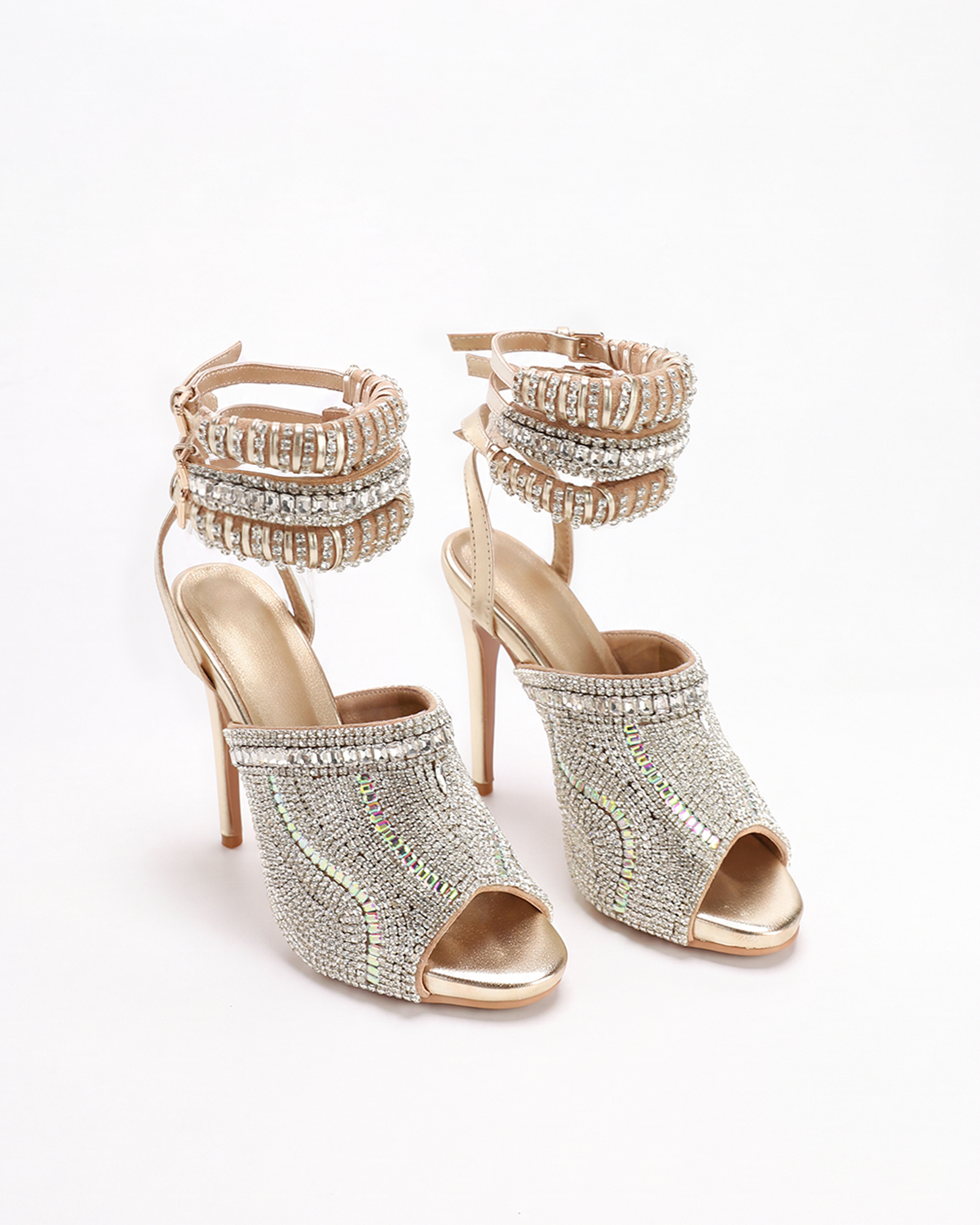 Edith Rhinestone Peep Toe Sandals In Gold