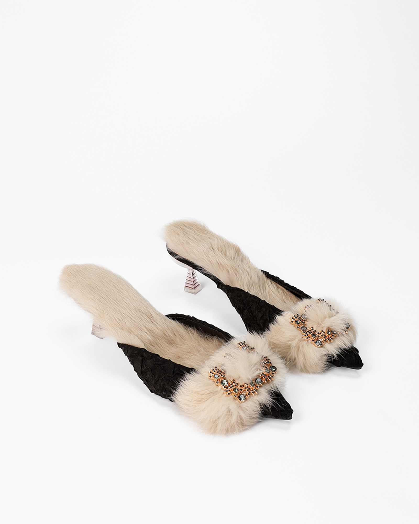 Helen Faux Fur Satin Mules In Black