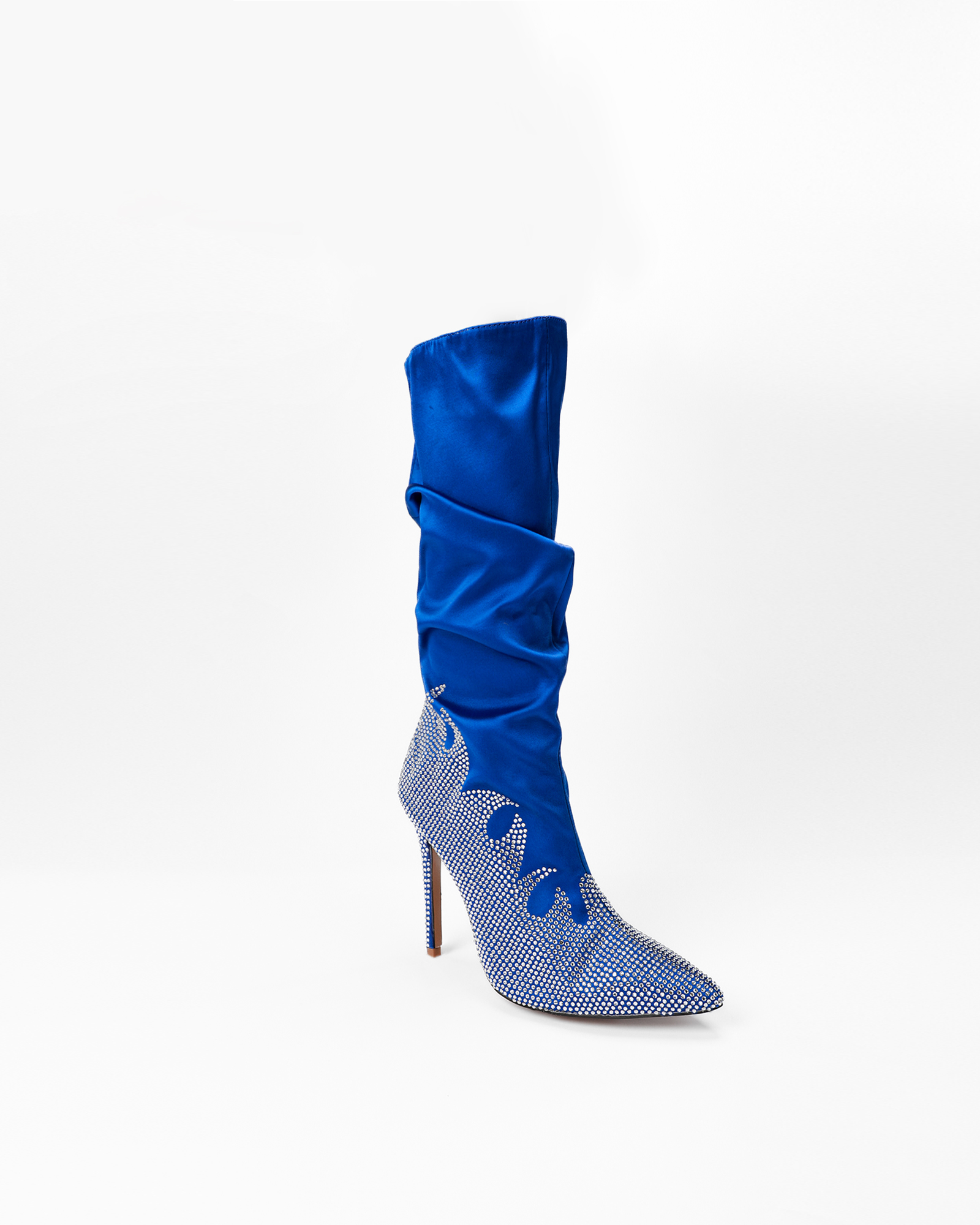 Adanna Satin Rhinestone Mid Calf Boots In Blue