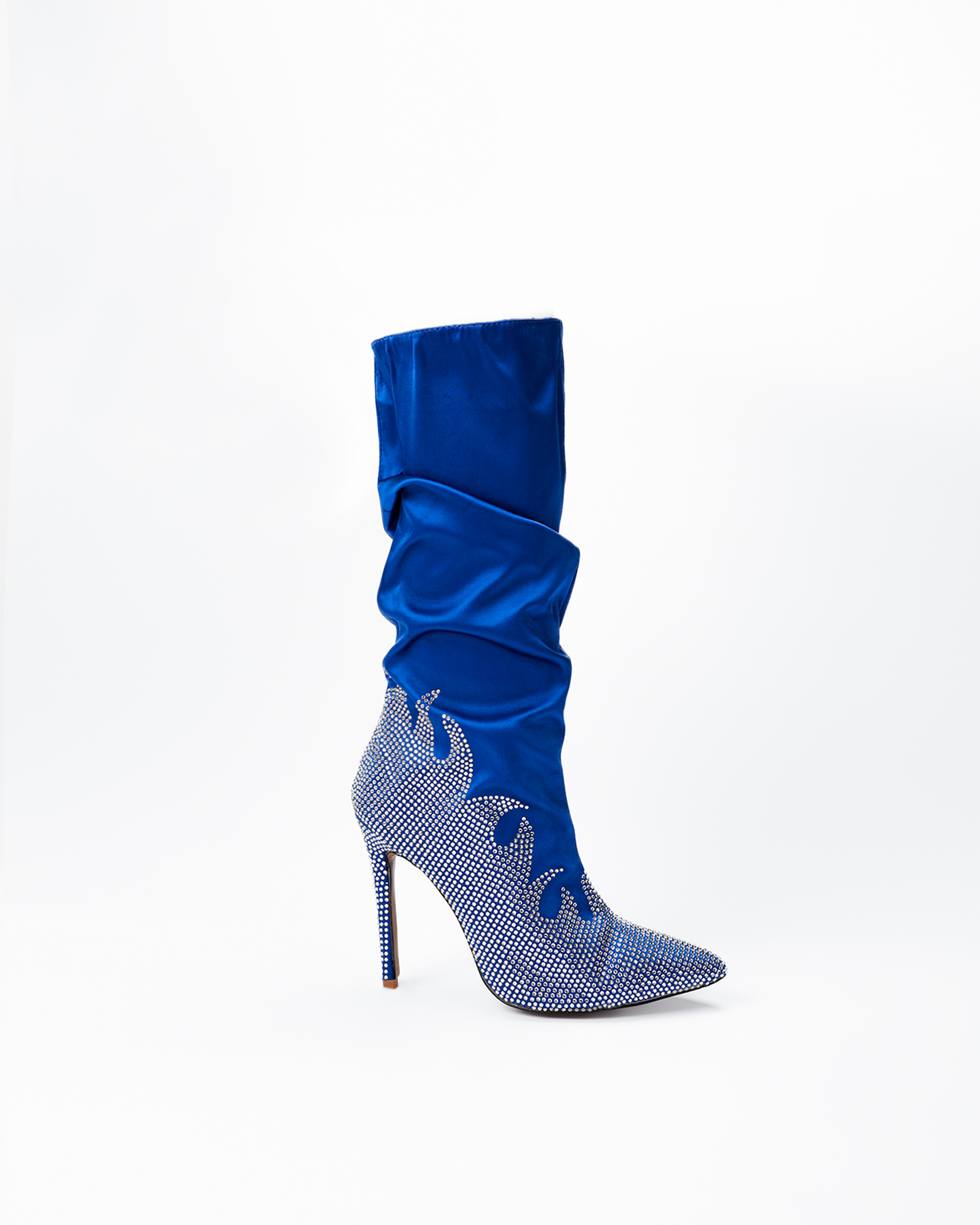 Adanna Satin Rhinestone Mid Calf Boots In Blue