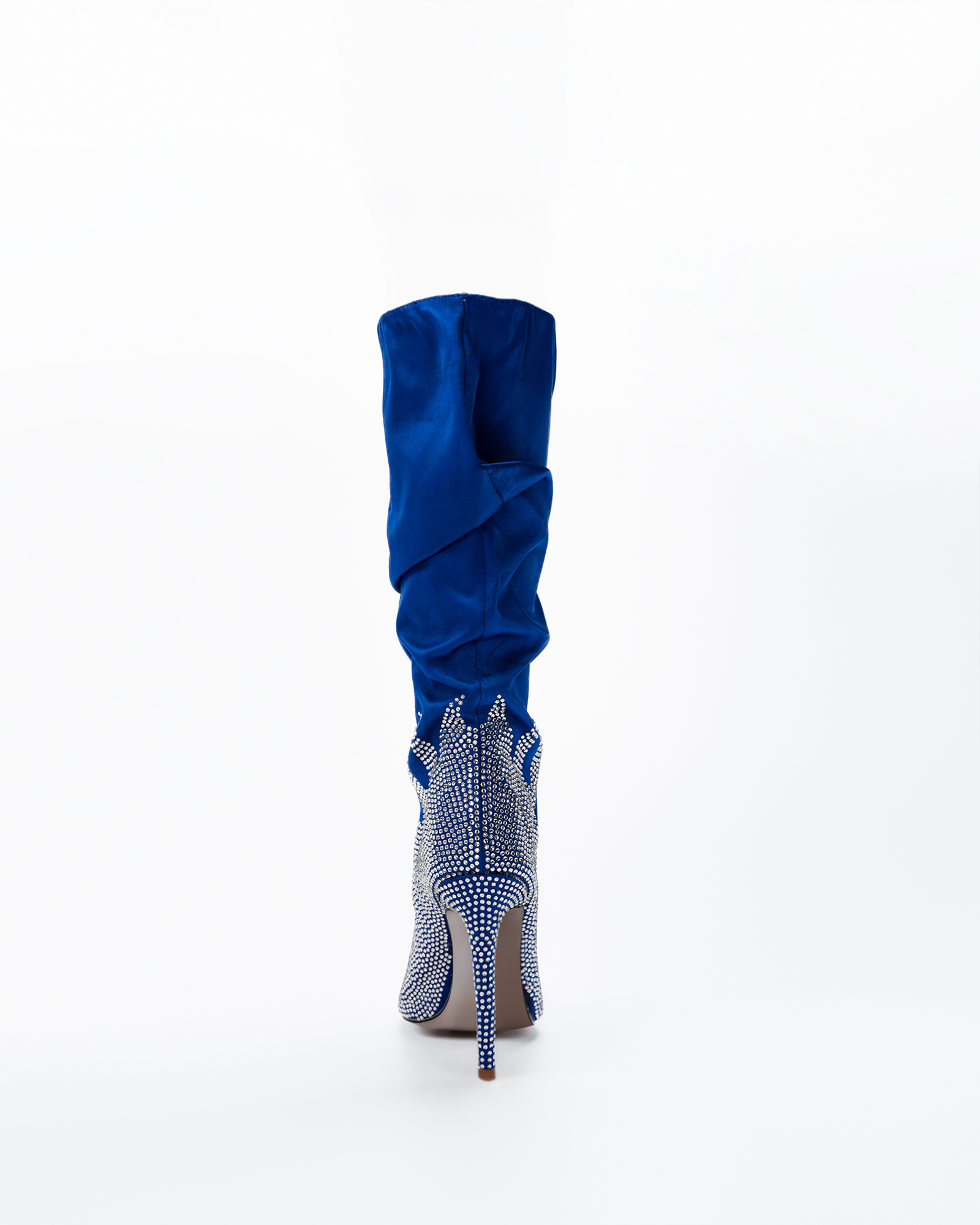 Adanna Satin Rhinestone Mid Calf Boots In Blue