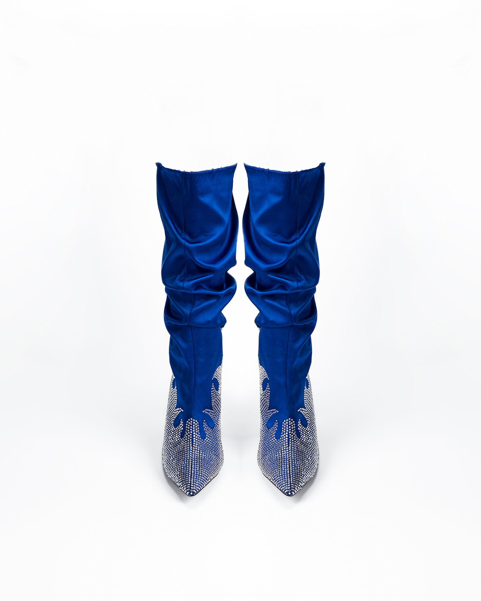 Adanna Satin Rhinestone Mid Calf Boots In Blue