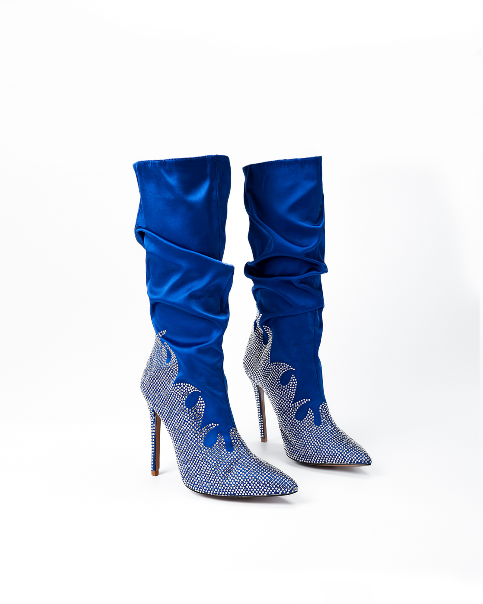 Adanna Satin Rhinestone Mid Calf Boots In Blue