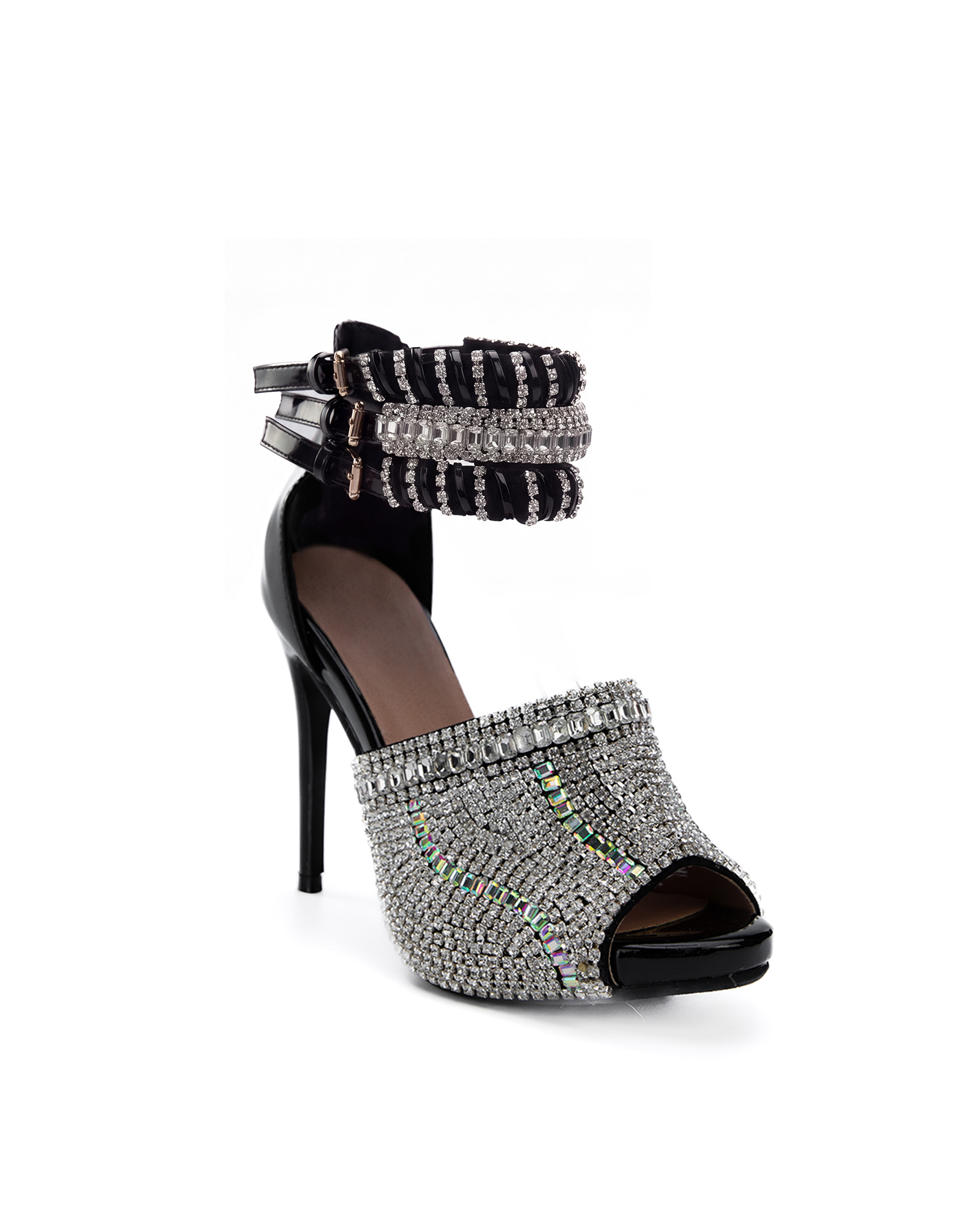 Edith Rhinestone Peep Toe Sandals In Black