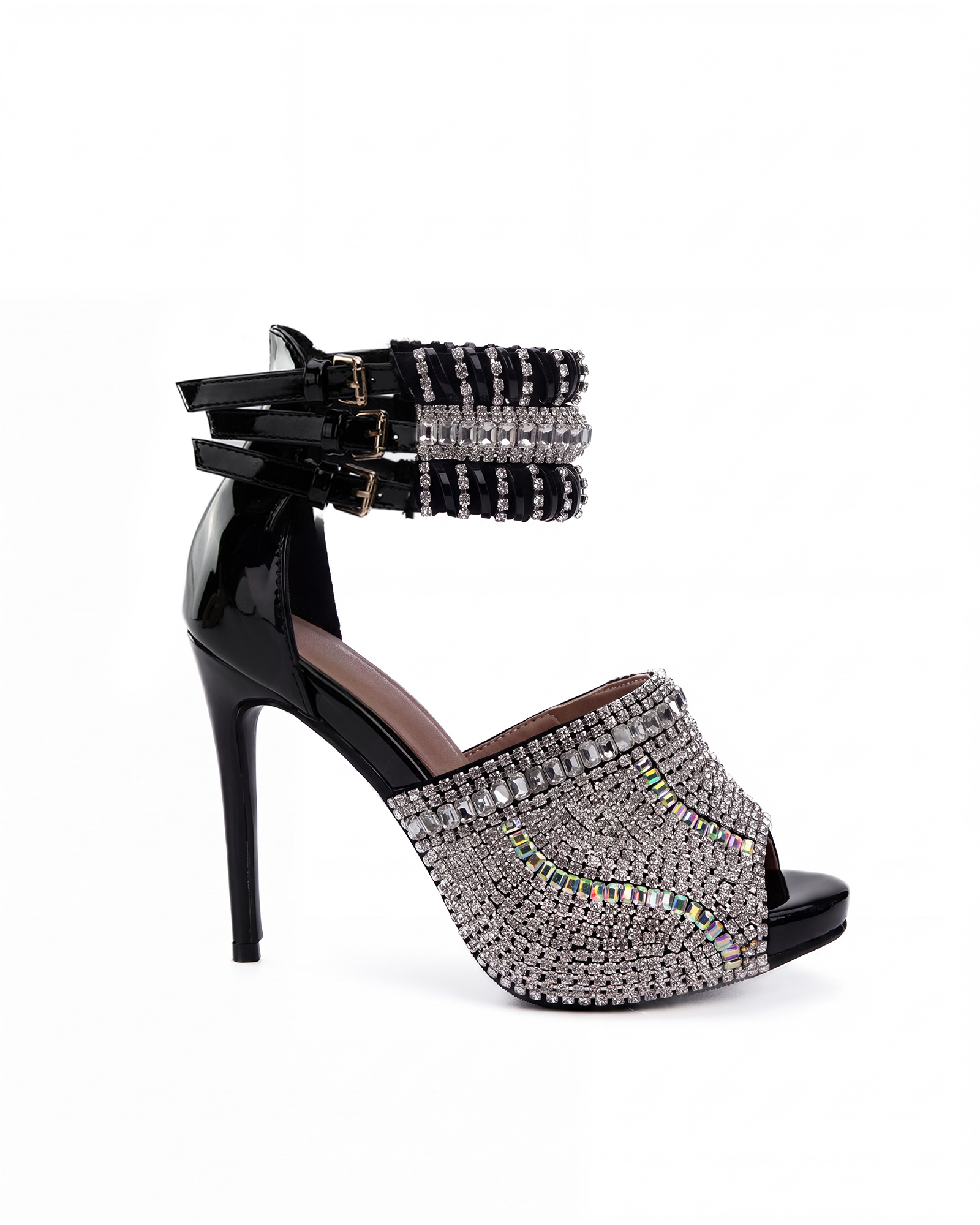 Edith Rhinestone Peep Toe Sandals In Black