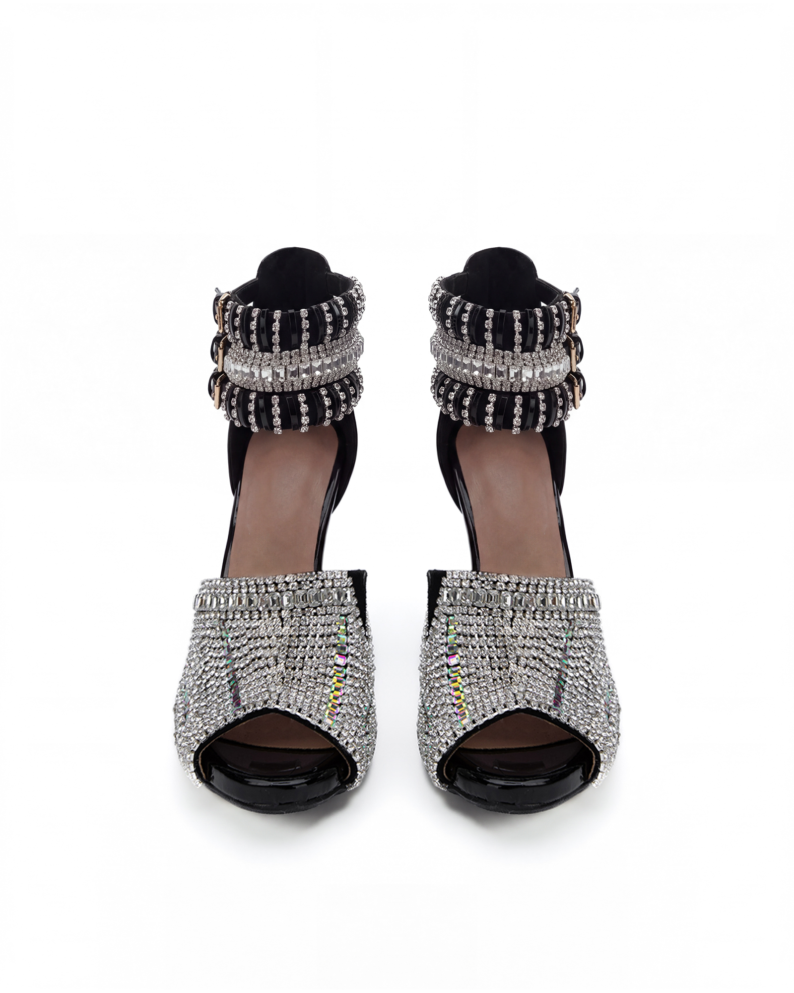 Edith Rhinestone Peep Toe Sandals In Black