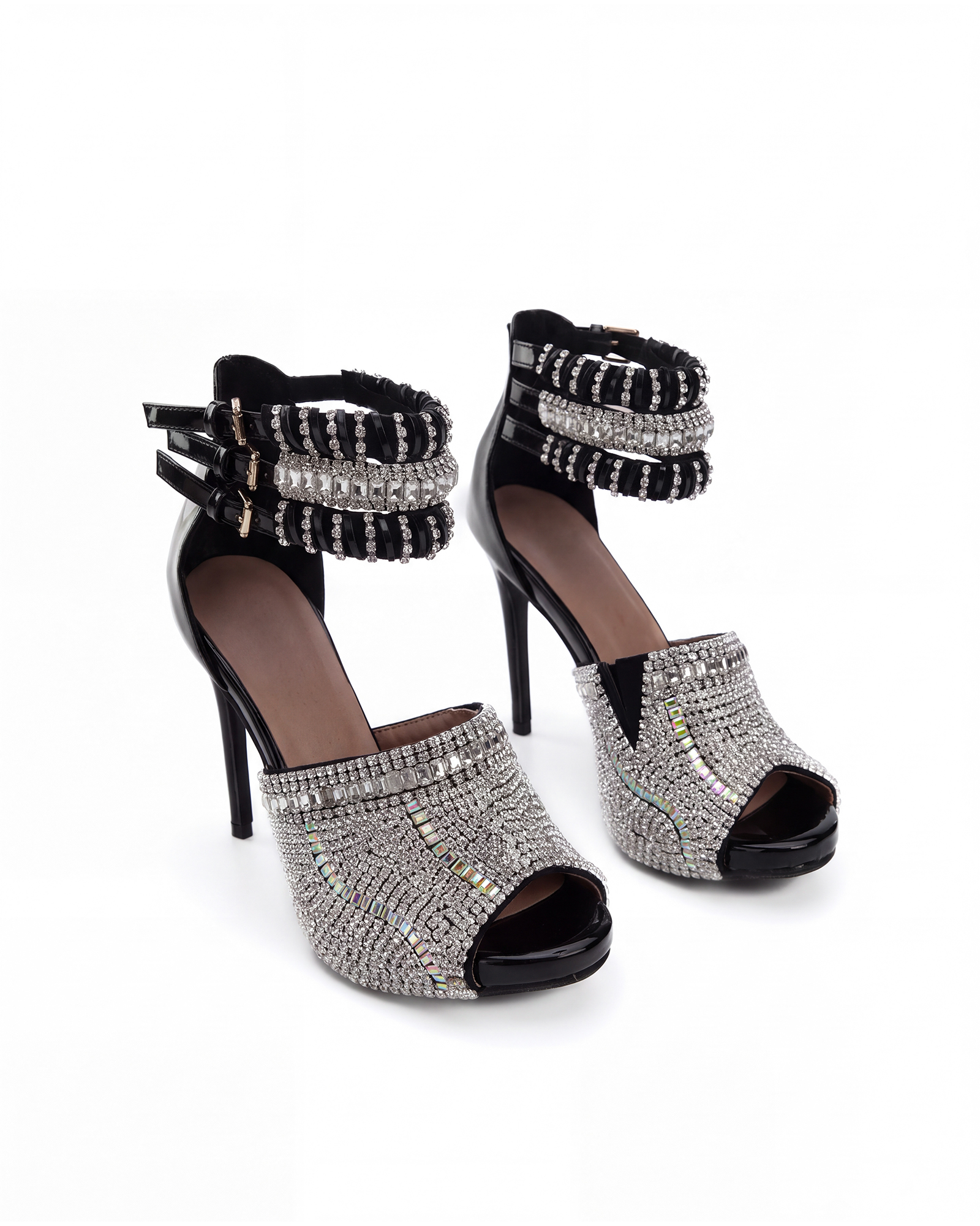Edith Rhinestone Peep Toe Sandals In Black