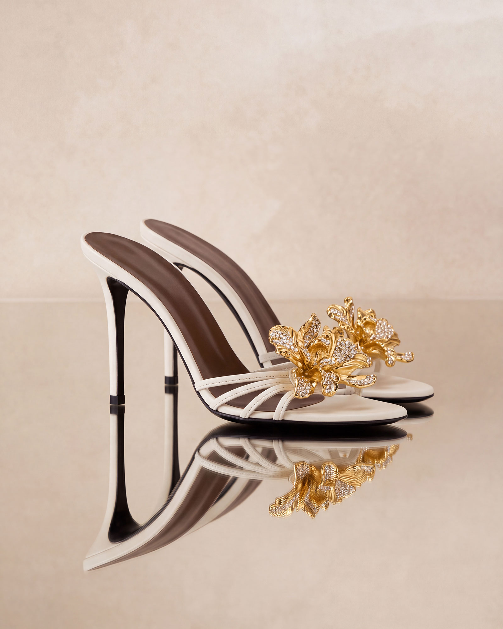 Orle Metal Crystal Flower Mules In White