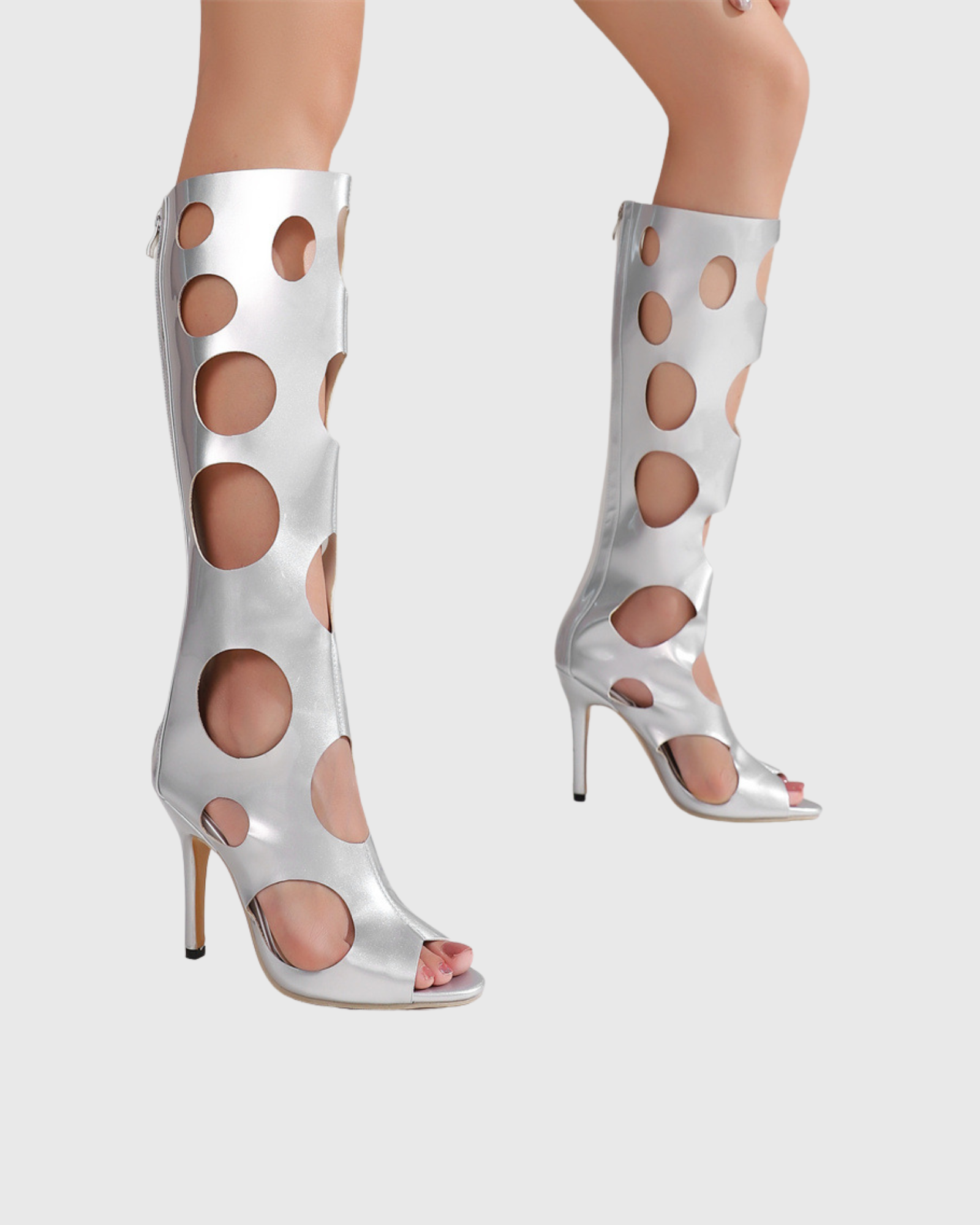 Brunilda Cutout Polka Dot Platform Gladiator Boots In Silver