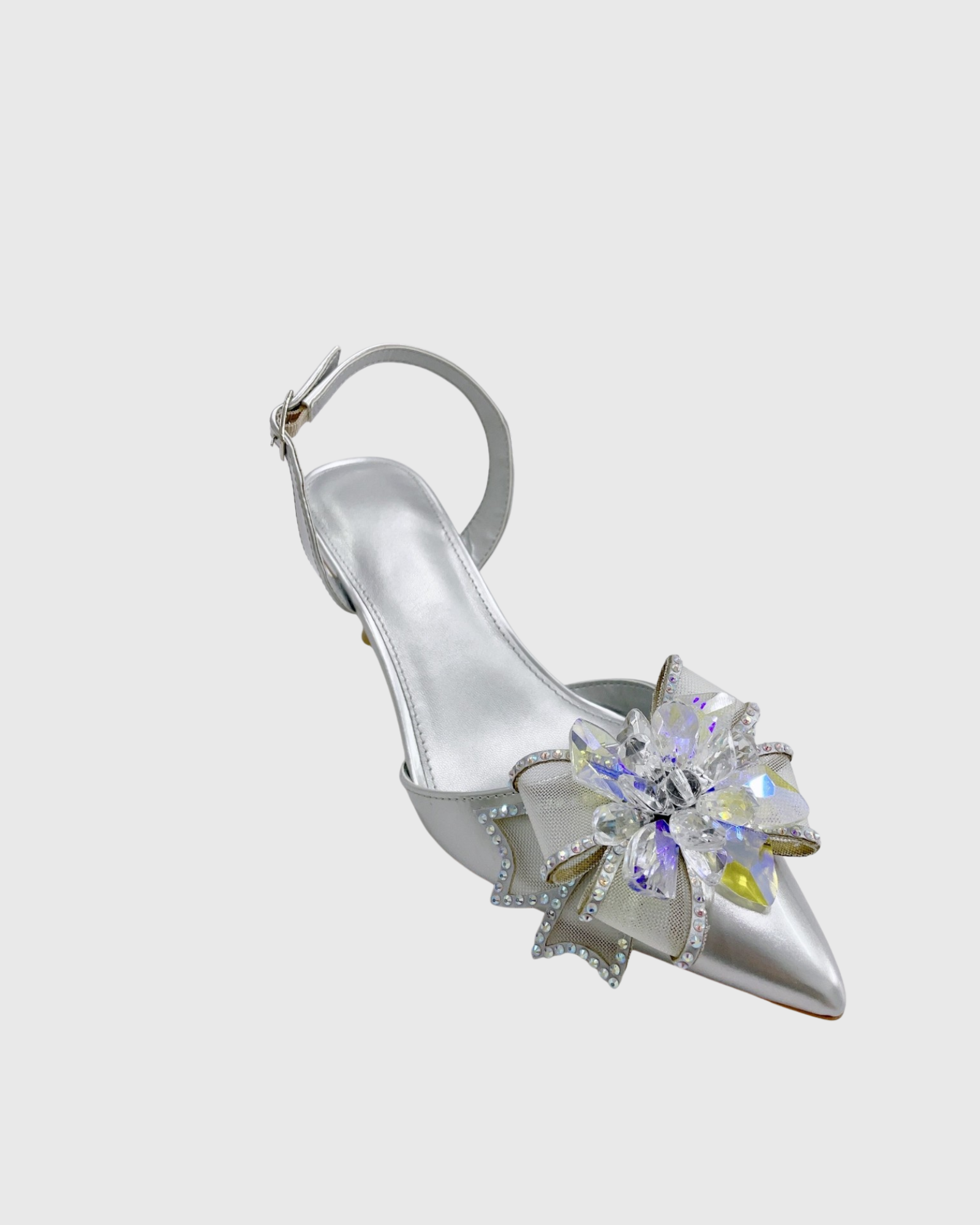 Rita Crystal Flower Slingback Kitten Heels In Silver