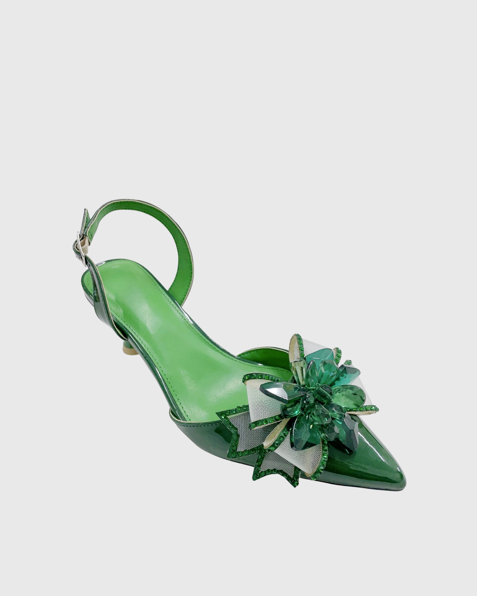 Rita Crystal Flower Slingback Kitten Heels In Green