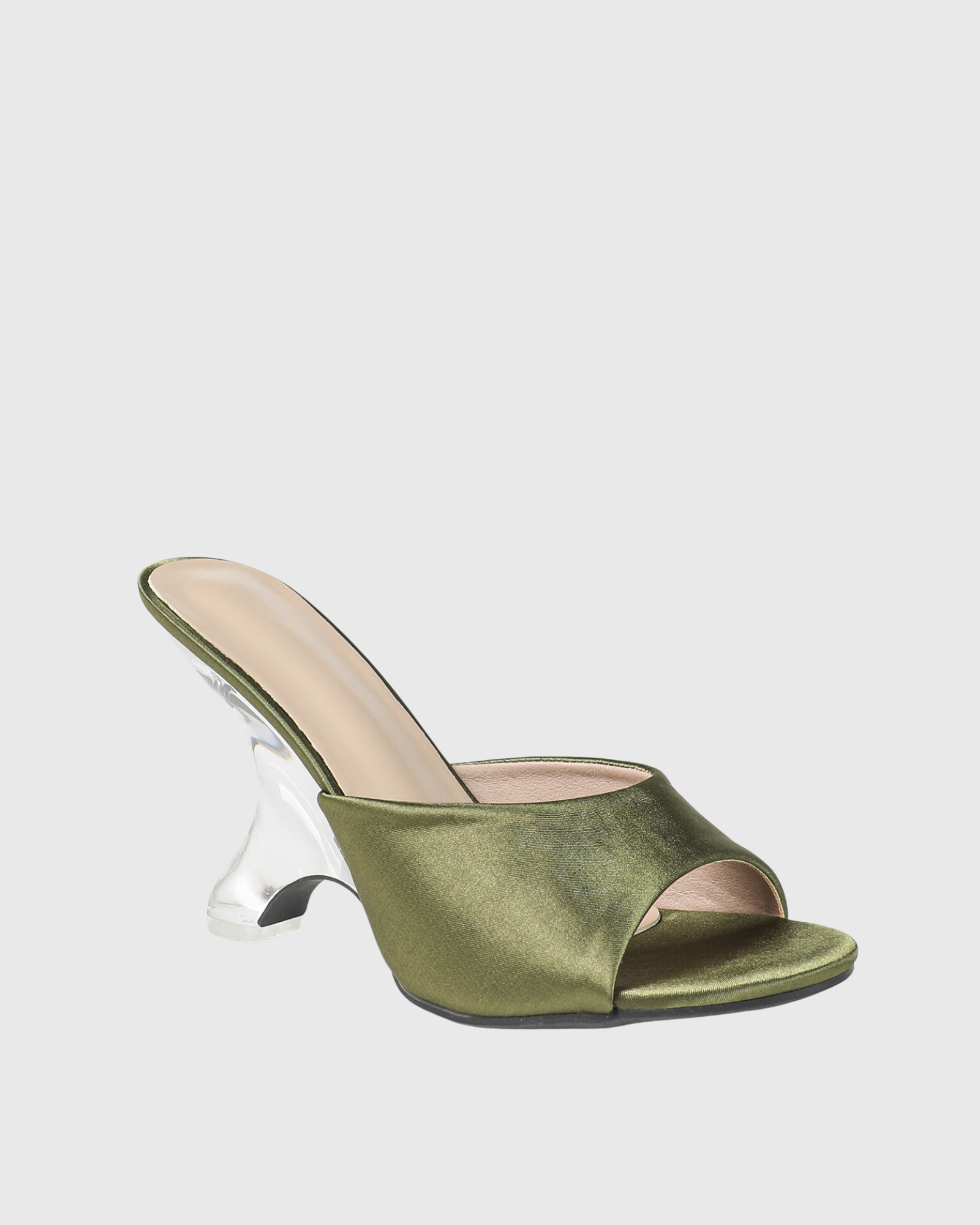 Ismira Open Toe Satin Mules In Olive Green
