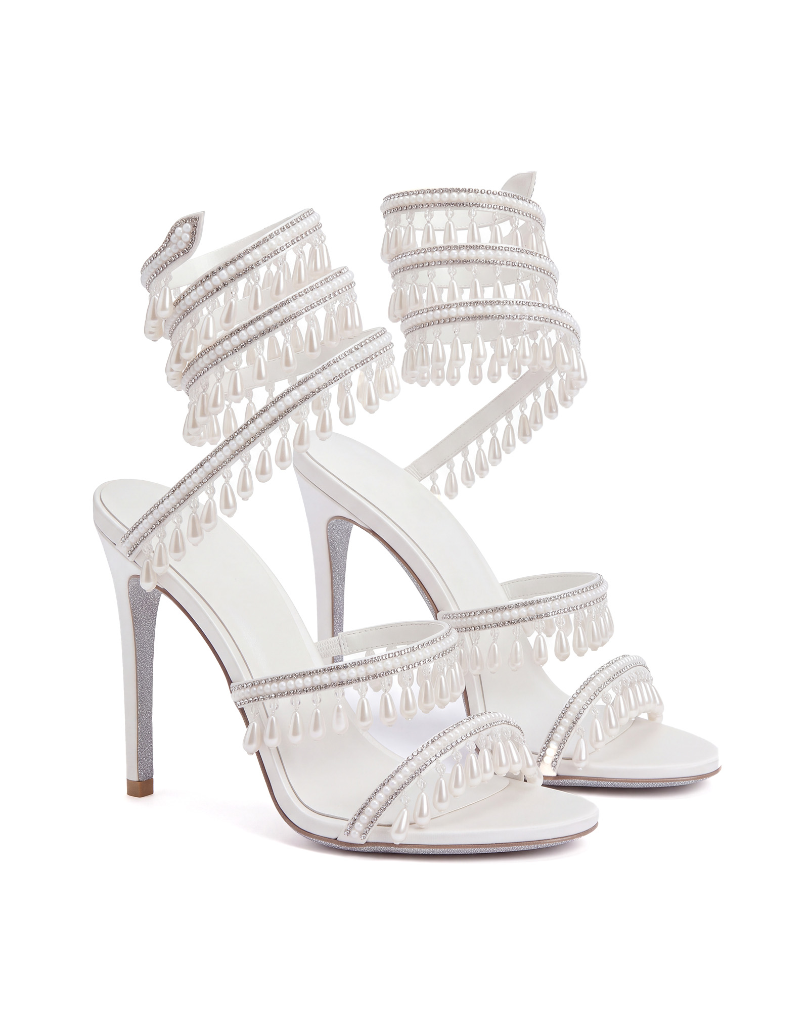 Elisa Rhinestone Fringe Snake Sandals In White