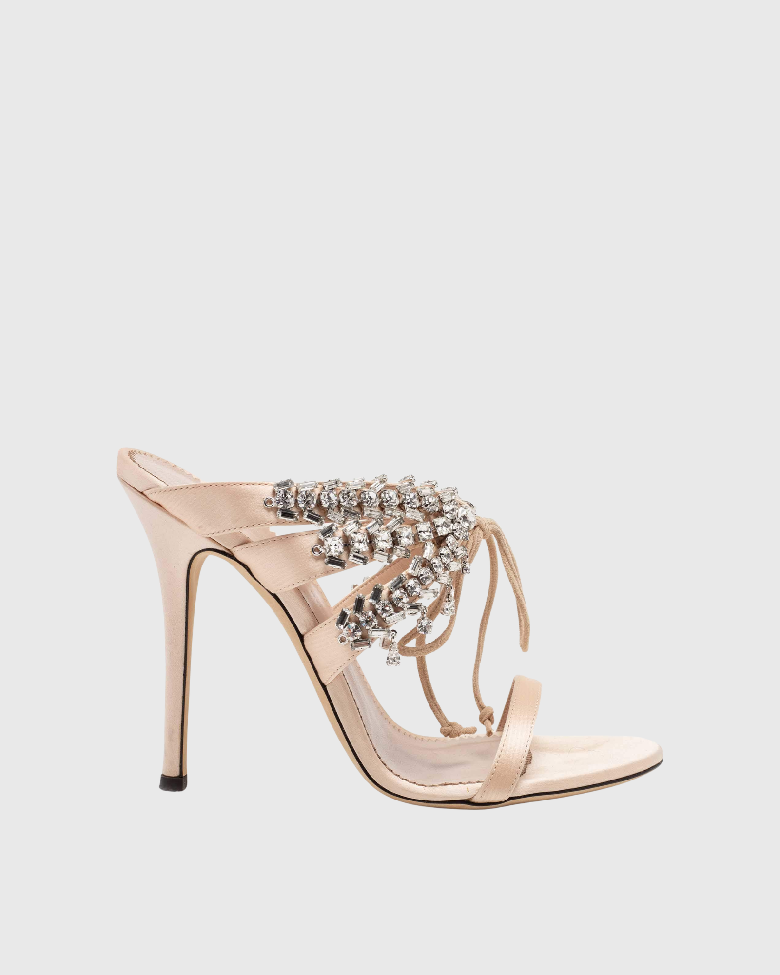 Quinn Ruched Rhinestone Satin Sandals In Beige