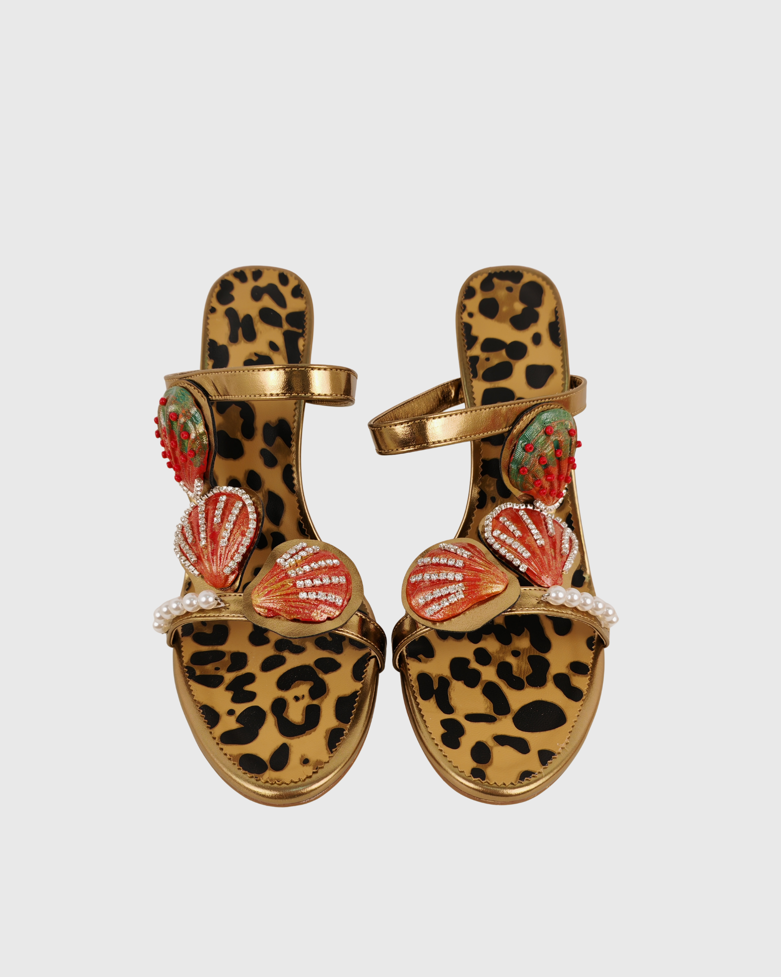 Fadile Shell Pearl Rhinestone Leopard Sandals In Gold