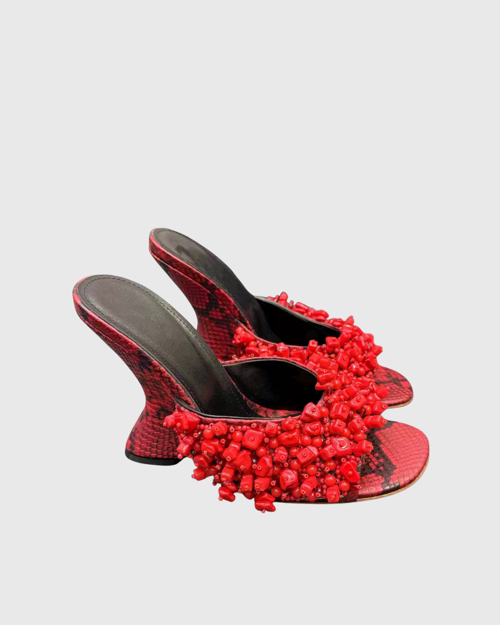 Alma Beads Snake Print Wedge Mules In Red