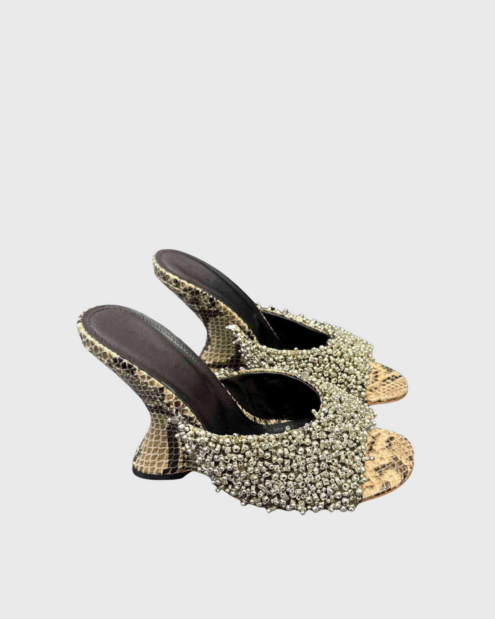 Alma Beads Snake Print Wedge Mules In Beige