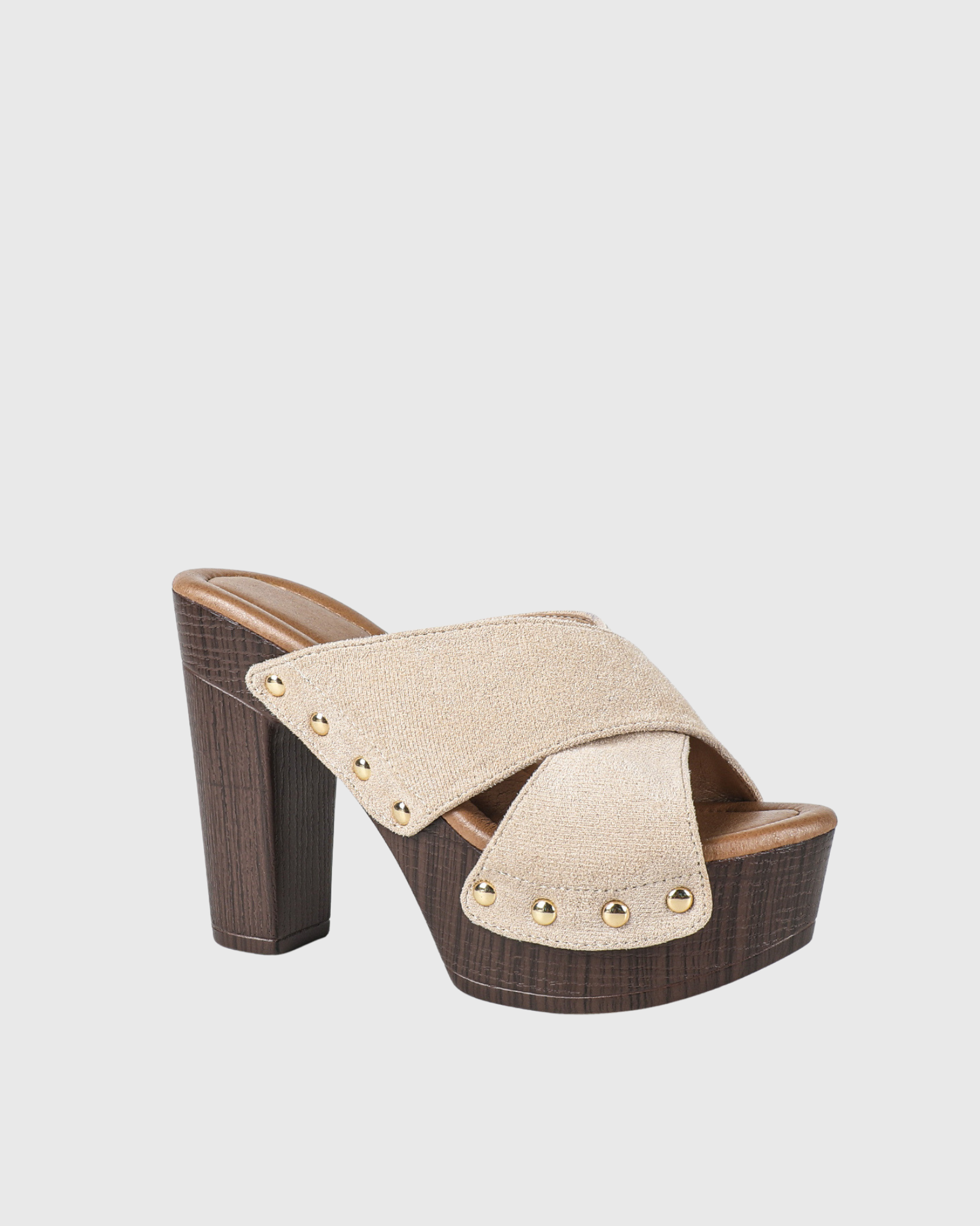 Hartley Studded Cross Strap Clog Wedge Heels In Beige